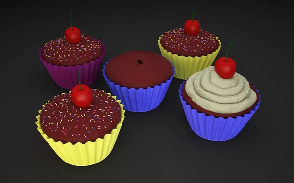 Cinco cupcakes 3D estudio negro — Foto de Stock