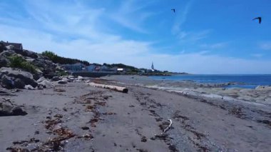 Bir sahil köyü ve uzaktaki kilise kulesiyle kayalık bir sahilde uçarken yanında kırlangıçlar vardı. Saint-Ulric-de-Matane, Quebec, Kanada, 2025.