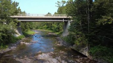 Huzurlu bir orman nehri, dayanıklı bir köprünün altından akar. Kayalık yatağı güneş ışığıyla yıkanır. Yoğun bir orman manzarayı çerçeveler, doğayı, sükuneti, temiz havayı ve kırsal cazibeyi çağrıştırır. Tartigou Nehri, Quebec, Kanada.