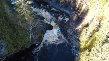 İnsansız hava aracı videosu, sarımsı bir nehirdeki küçük bir şelaleye çok yakın bir yerde sonbahar ormanı boyunca kayalık bir uçurumdan yukarı göç eden somonlar için bir gözlem noktası görevi görüyor. Causapscal Nehri, Quebec, Kanada.