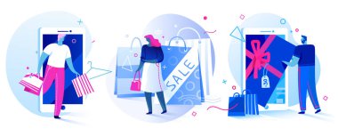 Web sitesinden ya da mobil uygulamadan alışveriş çevrimiçi. Satış, tüketim ve insan konsepti. İniş sayfası şablonu. Genç bir kadın ve erkek akıllı telefonuyla online alışveriş yapıyorlar..
