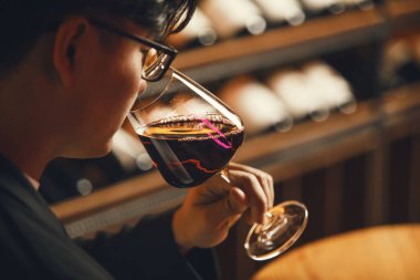 Şarap mahzeninde aroma ve buketi değerlendirmek için kırmızı şarap kadehini burnuna tutarken yakın plan..