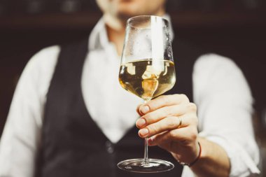 Bartender at the bar hands the camera a glass of white wine, close-up. Tasting of alcoholic beverages.