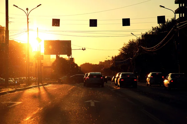 Sunny summer evening in hometown sunny road — Stock Photo, Image