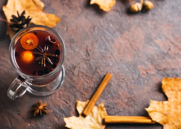 Fruta Baga Vinho Ruminado Com Kumquat Mirtilos Especiarias Copo Espaço — Fotografia de Stock