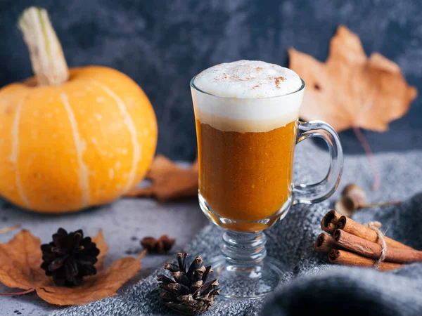 Caffè Autunnale Alla Zucca Latte Piccante Con Cannella Bevanda Del — Foto Stock