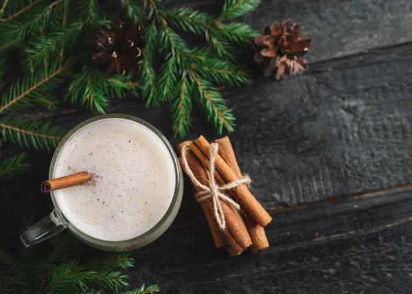 Eggnog Winter Christmas Drink Table Cinnamon Spruce Branches — Stock Photo, Image