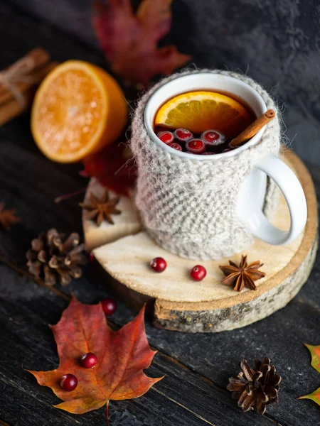Caneca Malha Bebida Tradicional Inverno Outono Vinho Ruminado Sangria Mesa — Fotografia de Stock