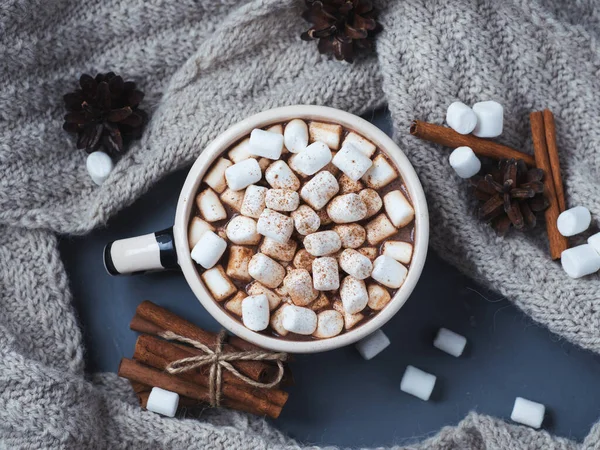 Stock image Hot chocolate or cocoa with marshmallows in a cinnamon mug. Warm knitted scarf