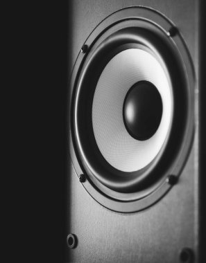 Siyah zemin üzerinde büyük bir hoparlör bulunan çokluortam sistemi