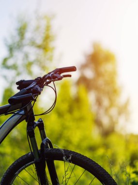 Parkın arka planında motorun yakın plan görüntüsü. Yazın bisiklet sürmek