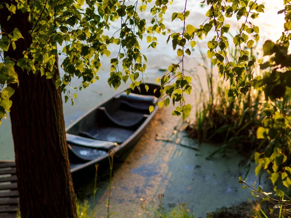 Summer River Landscape Old Wooden Boat Beach Sunset — Stock Photo, Image