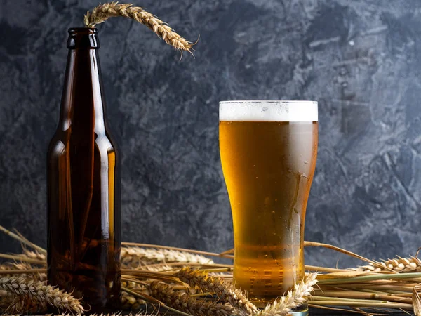 Copo Cerveja Trigo Frio Close Fundo Escuro Com Espigas Trigo — Fotografia de Stock