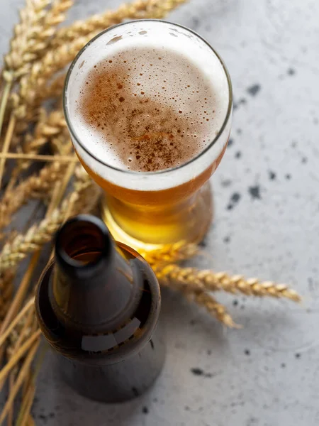 Glass Beer Beer Bottle Grey Stone Table Top View Wheat — Stock Photo, Image
