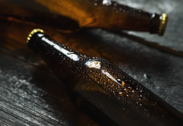 Cold Beer Glass Bottles Wooden Table — Stock Photo, Image