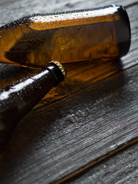 Cold Beer Glass Bottles Wooden Table — Stock Photo, Image