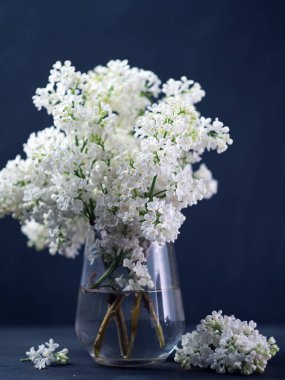 Bir buket beyaz leylak, karanlık bir masada cam bir bardakta.