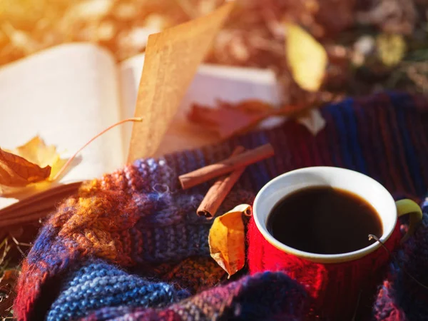 A mug of hot coffee in autumn foliage with a colorful knitted scarf and an old book. Outdoor relaxation in nature. Autumn lifestyle