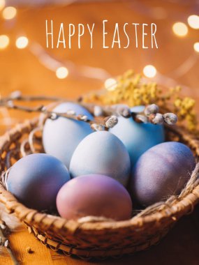 Mutlu Paskalya kartları, hasır sepette pastel renkli yumurtalar. Yakın plan, söğüt ağacı ve mimoza dalı.