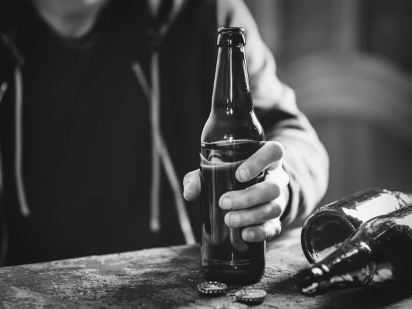 Close Man Bottle Beer Drinking Alone — Stock Photo, Image