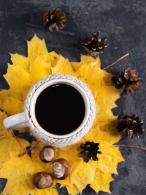 Sıcak sonbahar ya da kış sabahı evde. Örgü ceketli bir kupa kahve. Sonbahar renkli yapraklar ve rahat bir hafta sonu tatili.