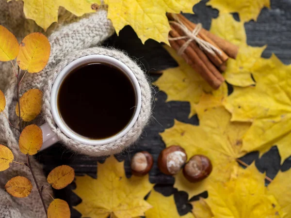 Gezellige Herfst Winter Ochtend Thuis Koffie Een Gebreide Jas Herfst — Stockfoto