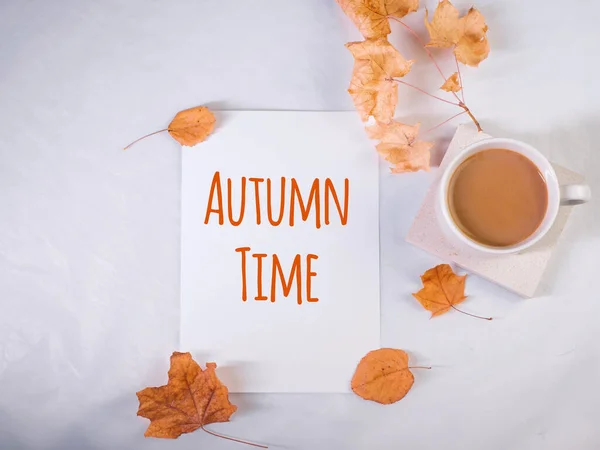 Zeitrahmen Herbst Getrocknete Ahornblätter Ein Weißer Tisch Und Eine Weiße — Stockfoto