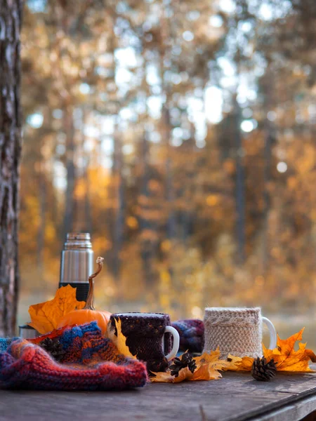 autumn mood, an atmospheric composition with two cups of coffee in knitted sweaters in an autumn park or forest. Outdoor picnic copy space