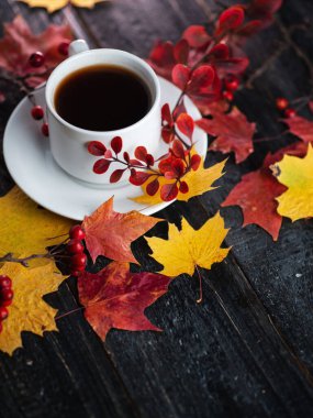 Sarı ve kırmızı akçaağaç yaprakları ve böğürtlen dallarıyla ahşap bir masada beyaz bir espresso fincanı.