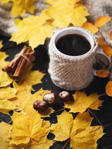 Cup Hot Coffee Knitted Sweater Autumn Composition Yellow Leaves — Stock Photo, Image