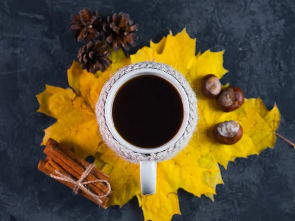 Top View Cup Autumn Hot Freshly Brewed Coffee Table Yellow — Stock Photo, Image