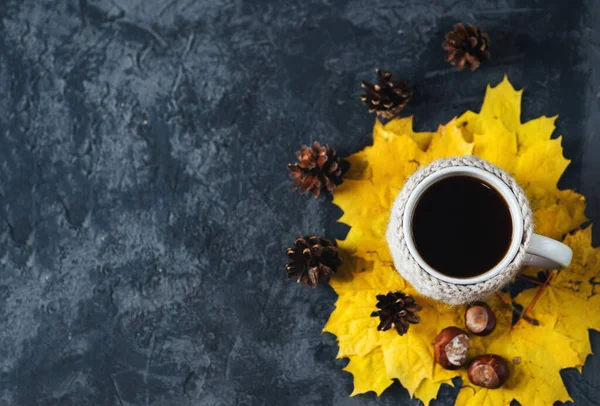 Top View Cup Autumn Hot Freshly Brewed Coffee Table Yellow — Stock Photo, Image
