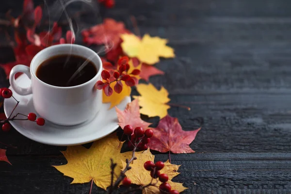 White Espresso Cup Wooden Table Yellow Red Maple Leaves Barberry — Stock Photo, Image