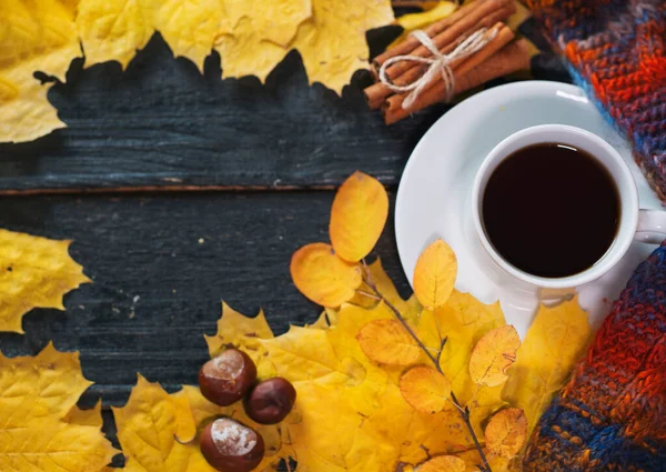 Autumn Coffee White Cup Table Yellow Maple Leaves Warm Scarf — Stock Photo, Image