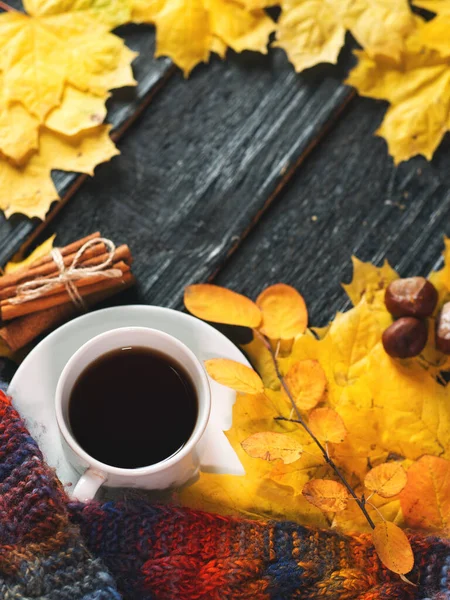 Autumn Coffee White Cup Table Yellow Maple Leaves Warm Scarf — Stock Photo, Image