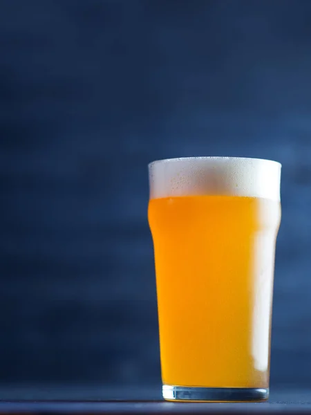 New England Ipa Beer Glass Dark Blue Wood Background — 스톡 사진