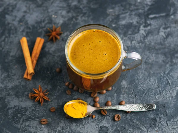 Oriental Coffee with turmeric, honey and cinnamon. Healthy drink. Without milk