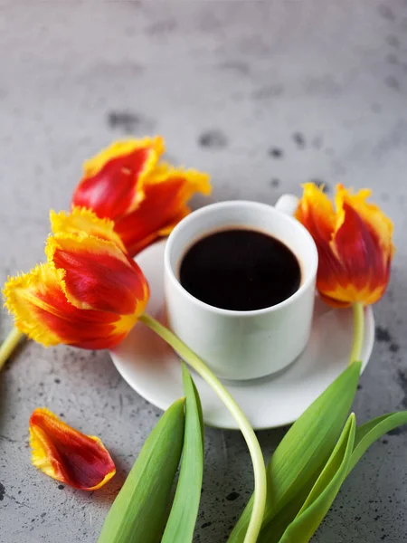 Доброе Утро Чашка Горячего Кофе Эспрессо Цветы Тюльпан Каменном Сером — стоковое фото