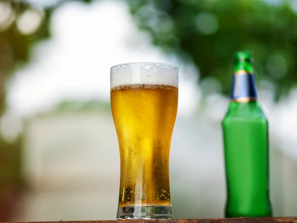 Bicchiere Birra Leggera Rinfrescante Ghiacciata Uno Sfondo Estivo — Foto Stock