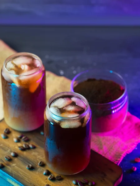 Cold Brew Cold Coffee Tall Glasses Cream Roasted Coffee Beans — Fotografia de Stock