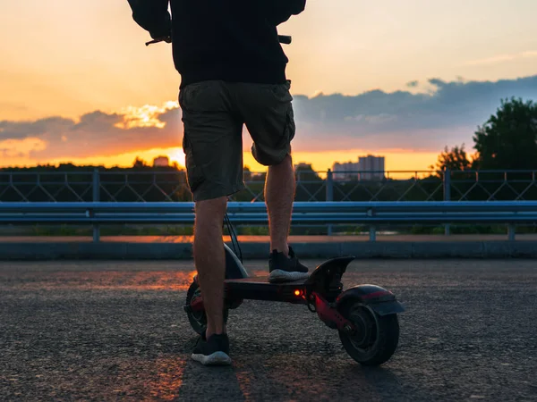 Young Man Electric Scooter Riding Road Summer — Stock Fotó