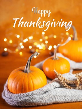 Şükran Günü tebrik kartın kutlu olsun, tahtadan bir masanın üzerinde Bokeh çelenkleri olan balkabaklarını topla.