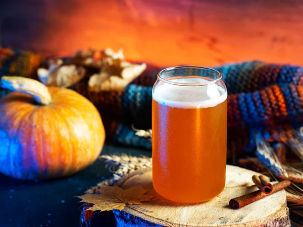 Seasonal Craft Pumpkin Ale Glass Table Colorful Knitted Autumn Scarf — Stock Photo, Image