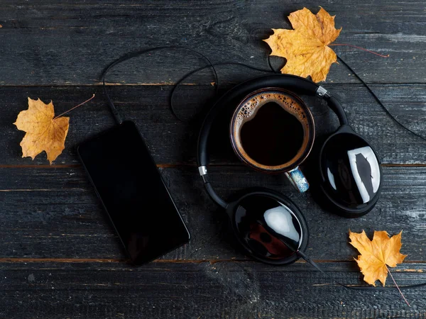 Herfst Conceptuele Samenstelling Audioboek Kopje Koffie Bovenaanzicht — Stockfoto