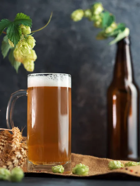 Ungefilterter Bierkrug Grüne Hopfenzapfen Dunkle Bierflasche — Stockfoto