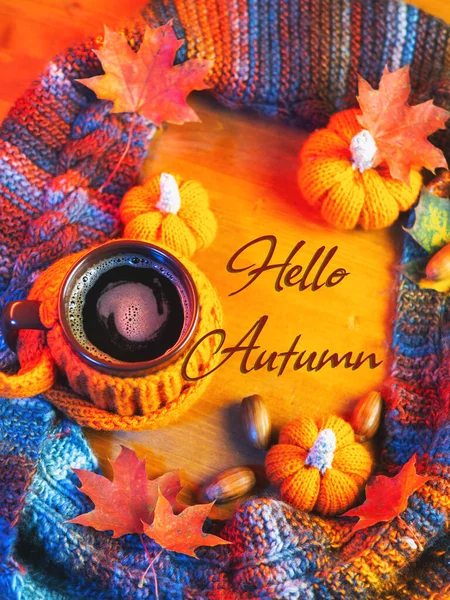 Bunte Herbst Helle Komposition Hallo Herbst Eine Tasse Heißen Kaffee — Stockfoto