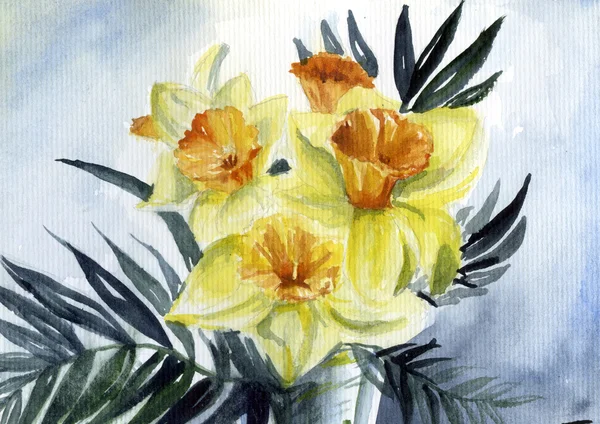 Akvarell nárcisz vázában — Stock Fotó