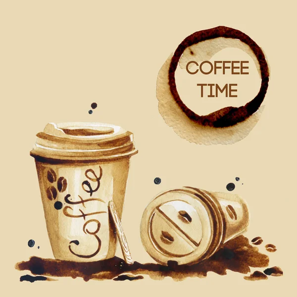 Set taza de café ilustración de café. Pintura a mano sobre papel — Foto de Stock