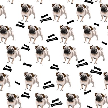 Komik köpekler ile sorunsuz arka plan deseni. Pug köpek yavrusu