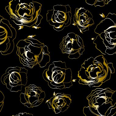 Gül kızlar için seamless modeli. Altın gül zemin siyah arka plan üzerinde tekrarladı. Moda giysiler için kız gibi yaratıcı tasarım. Özgün tarzı.
